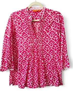 Oliphant Pink White Ikat Geometric Pintuck Blouse Top Tunic Cotton Voile L